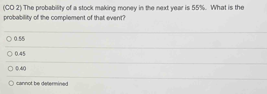 (CO 2) The probability of a stock making money in the next year is 55%. What is the
probability of the complement of that event?
0.55
0.45
0.40
cannot be determined