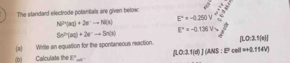 The standard electrode potentials are given below: ,
E°=-0.250V 、
Ni^(2+)(aq)+2e^-to Ni(s)
Sn^(2+)(aq)+2e^-to Sn(s)
E°=-0.136V
(a) Write an equation for the spontaneous reaction. [LO:3.1(e)]
LO 3.1(d) ] (AN S:E^0cell=+0.114V)
(b) Calculate the E° cell! '