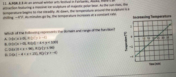 FGR.2.3 At an annual winter arts festival in Fairbanks, Alaska, there's an
attraction featuring a massive ice sculpture of majestic polar bear. As the sun rises, the
temperature begins to rise steadily. At dawn, the temperature around the sculpture is a
chilling -4°F. As minutes go by, the temperature increases at a constant rate.
Increasing Temperature
Which of the following represents the domain and range of the function?
A. D: x|x≥ 0 , R: y|y≥ -4
B. D: x|x>0 , R: y|-4
C. D: x|0 , R: y|y≤ 96
D. D: x|-4 , R y|y>-4
Time (min)