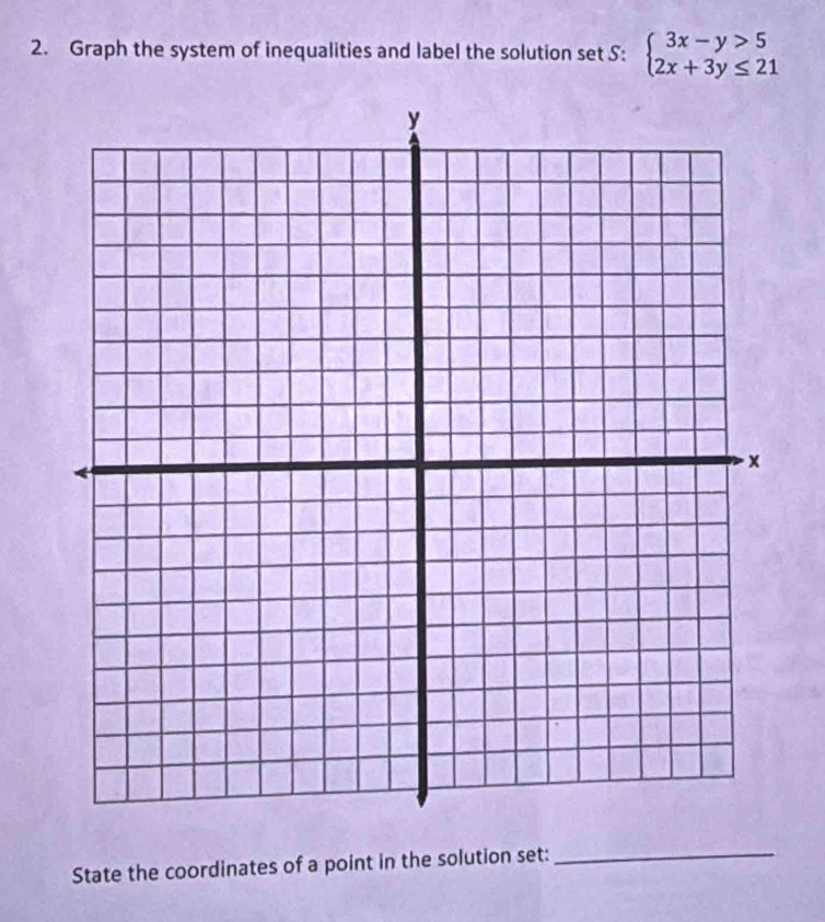 Graph the system of inequalities and label the solution set S: beginarrayl 3x-y>5 2x+3y≤ 21endarray.
State the coordinates of a point in the solution set: 
_