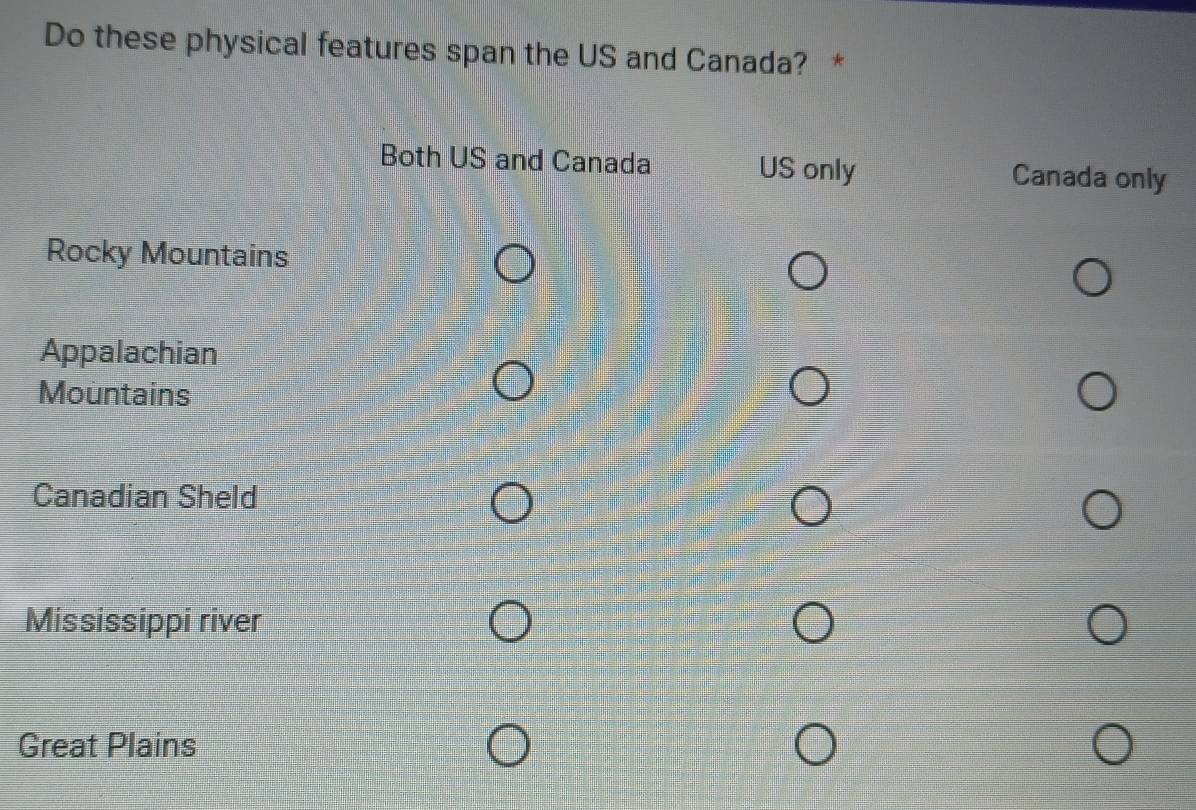 Do these physical features span the US and Canada? *
Both US and Canada US only Canada only
Rocky Mountains
Appalachian
Mountains
Canadian Sheld
Mississippi river
Great Plains