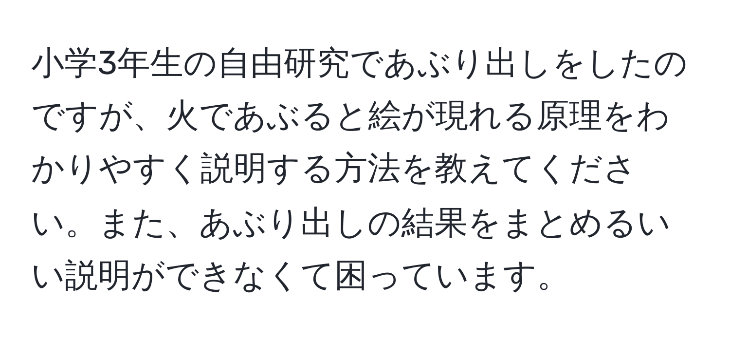 小学3年生の自由研究であぶり出しをしたのですが、火であぶると絵が現れる原理をわかりやすく説明する方法を教えてください。また、あぶり出しの結果をまとめるいい説明ができなくて困っています。