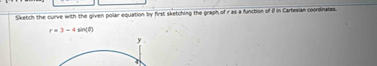 Sketch the curve with the given polar equation by first sketching the graph of r as a function of θ in Cartesian coordinates.
r=3-4sin (θ )
y
4