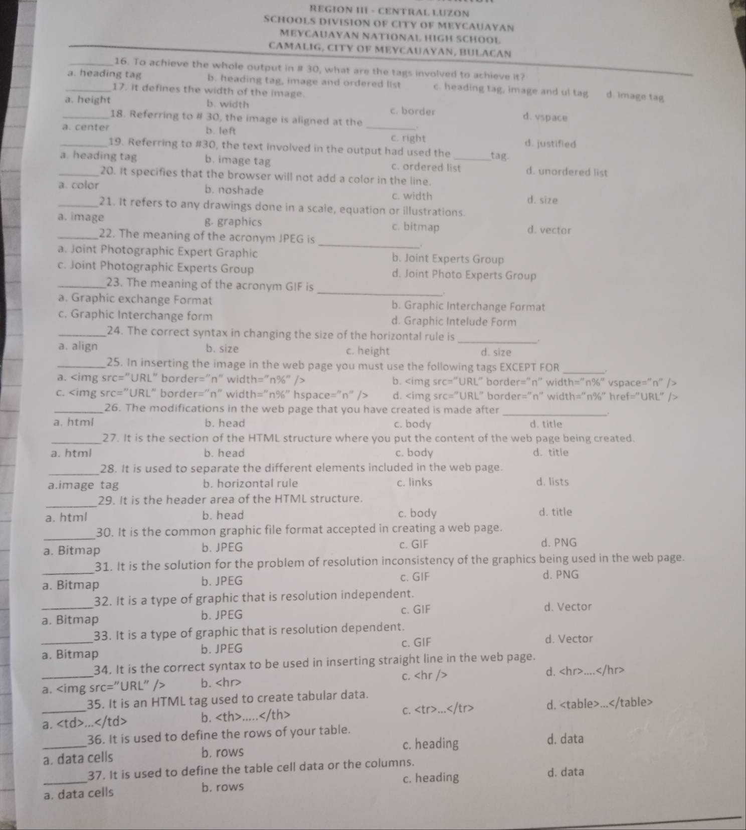 REGION II - CENTRAL LUZON
SCHOOLS DIVISION OF CITY OF MEYCAUAYAN
MEYCAUAYAN NATIONAL HIGH SCHOOL
CAMALIG, CITY OF MEYCAUAYAN, BULACAN
_16. To achieve the whole output in # 30, what are the tags involved to achieve it?
_a. heading tag b. heading tag, image and ordered list c. heading tag, image and ul tag d. image tag
17. it defines the width of the image.
_
_a. height b. width c. border d. vspace
18. Referring to # 30, the image is aligned at the
a. center b. left
c. right d. justified
_19. Referring to #30, the text involved in the output had used the tag.
_a. heading tag b. image tag c. ordered list d. unordered list
20. It specifies that the browser will not add a color in the line.
a. color b. noshade c. width d. size
_21. It refers to any drawings done in a scale, equation or illustrations.
a. image g. graphics c. bitmap d. vector
_
_22. The meaning of the acronym JPEG is
a. Joint Photographic Expert Graphic b. Joint Experts Group
c. Joint Photographic Experts Group d. Joint Photo Experts Group
_
_23. The meaning of the acronym GIF is
,.
a. Graphic exchange Format b. Graphic Interchange Format
c. Graphic Interchange form d. Graphic Intelude Form
_24. The correct syntax in changing the size of the horizontal rule is
_.
a. align b. size c. height d. size
_25. In inserting the image in the web page you must use the following tags EXCEPT FOR_
a. b.
c. d.
_26. The modifications in the web page that you have created is made after _.
a. html b. head c. body d. title
_27. It is the section of the HTML structure where you put the content of the web page being created.
a. html b. head c. body d. title
_
28. It is used to separate the different elements included in the web page.
a.image tag b. horizontal rule c. links d. lists
_
29. It is the header area of the HTML structure.
a. html b. head c. body d. title
_
30. It is the common graphic file format accepted in creating a web page.
a. Bitmap b. JPEG c. GIF
d. PNG
_
31. It is the solution for the problem of resolution inconsistency of the graphics being used in the web page.
a. Bitmap
b. JPEG c. GIF d. PNG
_
32. It is a type of graphic that is resolution independent.
b. JPEG
c. GIF d. Vector
a. Bitmap
33. It is a type of graphic that is resolution dependent.
_a. Bitmap b. JPEG c. GIF
d. Vector
_
34. It is the correct syntax to be used in inserting straight line in the web page.
c. d.....
a. b.
35. It is an HTML tag used to create tabular data.
a.... b...... c.... d....
_
36. It is used to define the rows of your table. d. data
c. heading
a. data cells b. rows
_
37. It is used to define the table cell data or the columns.
c. heading d. data
a. data cells b. rows