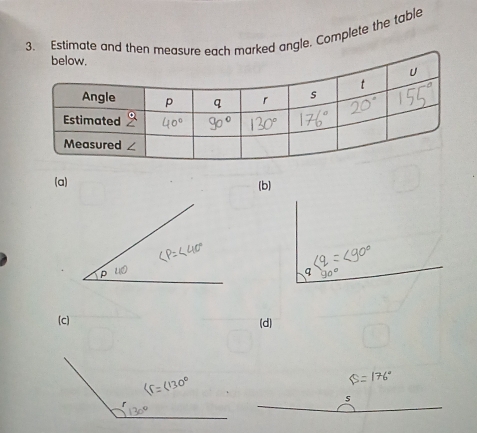 Estimate and then measure each marked angle. Complete the table 
(a) (b)
q
(c) (d)