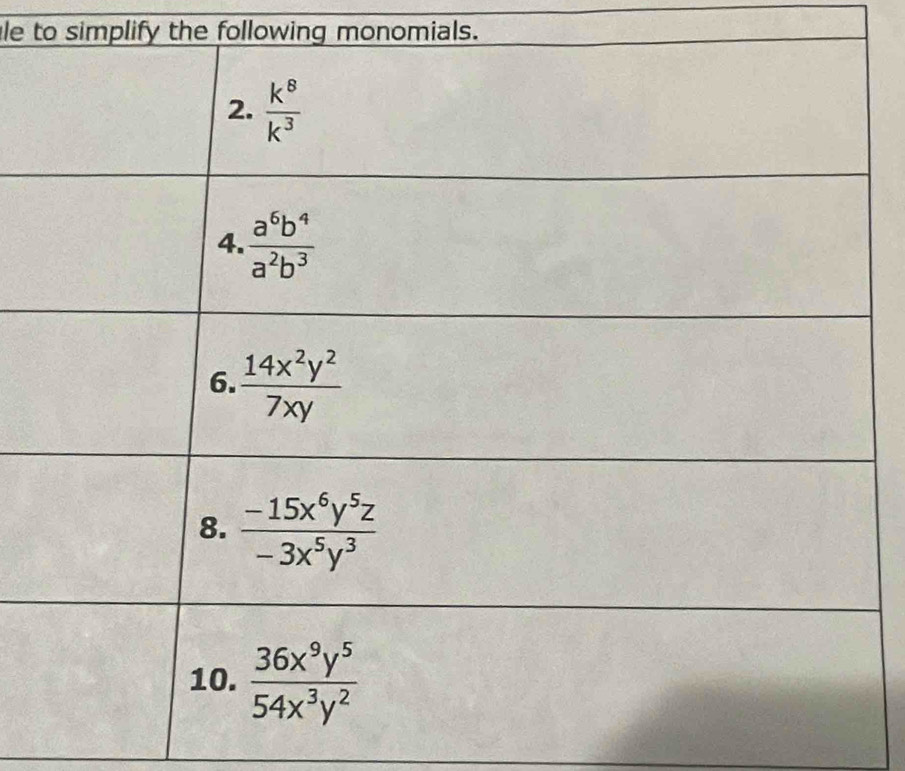 le to simplify the following monomials.