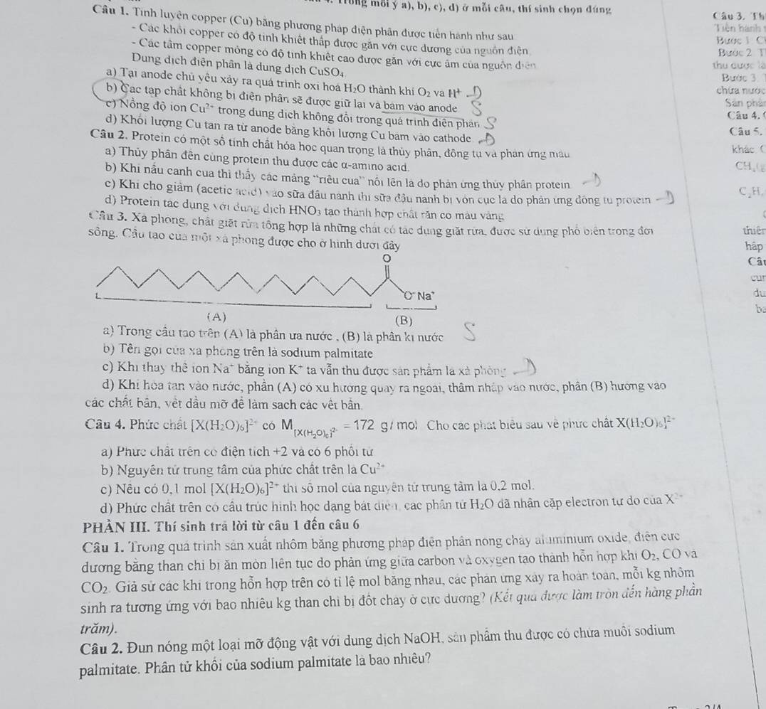 rung mỗi ý a), b), c), d) ở mỗi câu, thí sinh chọn đúng
Câu 3. Th
Câu 1. Tinh luyện copper (Cu) băng phương pháp điện phân được tiên hành như sau
Tiên hành 
- Các khỏi copper có độ tinh khiết thấp được găn với cực dương của nguồn điện  Bước 2 T
Bược 1 C
- Các tâm copper mỏng có độ tình khiết cao được găn với cực âm của nguồn diện
Dung dịch điện phân là dung dịch CuS O_4
thu dược là
Bước 3
a) Tại anode chủ yêu xảy ra quá trình oxi hoá H_2O thành khí O_2 va H^+
chữa nước
b) Các tạp chất không bị điện phân sẽ được giữ lại và bám vào anode Sân phân
c) Nồng độ ion Cu^(2+) trong dung dịch không đổi trong quá trịnh điện phản
Câu 4. 
d) Khối lượng Cu tan ra từ anode bằng khổi lượng Cu bam vào cathode
Câu 5.
Câu 2. Protein có một số tính chất hóa học quan trong là thủy phân, đồng tụ và phan ứng màu khác (
a) Thủy phân đên cùng protein thu được các α-amino acid. CH,(2
b) Khi nấu canh cua thì thấy các mảng “riêu cua” nổi lên là do phản ứng thủy phân protein C₂H.
c) Khi cho giảm (acetic acid) vào sữa đầu nanh thi sữa đầu nanh bị vòn cục là do phản ứng động tu protein
d) Protein tác dụng với dụng dịch HNO3 6 tao thành hợp chất răn co màu vàng
Câu 3. Xã phong, chất giát rừa tông hợp là những chát có tác dung giặt rừa, được sử dung phố biên trong đơi thiên
sông. Cầu tao của một xã phong được cho ở hình dưới đây hập
Câ
car
du
be
(A)
a) Trong cầu tạo trên (A) là phân ưa nước , (B) là phân ki nước
b) Tên gọi của xã phòng trên là sodium palmitate
c) Khi thay thể ion Na* bằng ion K* ta vẫn thu được sản phẩm là xã phòng
d) Khi hóa tan vào nước, phần (A) có xu hướng quay ra ngoai, thâm nhập vào nước, phân (B) hướng vào
các chất bản, vệt dầu mỡ đề làm sach các vết bần.
Câu 4. Phức chất [X(H_2O)_6]^2+ có M_[X(H_2O)_c]^2=172 g/mc h Cho các phát biểu sau về phưc chất X(H_2O)_6^((12-)
a) Phức chất trên có điện tích +2 và có 6 phối từ
b) Nguyên tử trung tâm của phức chất trên la Cu^2+)
c) Nêu có 0,1 mol [X(H_2O)_6]^2+ thi số mol của nguyên tử trung tâm là 0,2 mol.
d) Phức chất trên có cầu trúc hình học dạng bát diễn, các phân tử H_2O dã nhận cặp electron từ do của X^(2+)
PHÀN III. Thí sinh trả lời từ câu 1 đến câu 6
Câu 1. Trong quá trình sản xuất nhôm băng phương pháp điện phân nong chảy aluminium oxide, điện cức
đương bằng than chỉ bị ăn mòn liên tục do phản ứng giữa carbon và oxygen tạo thành hỗn hợp khi O_2,COva
CO_2 Giả sử các khi trong hỗn hợp trên có tỉ lệ mol băng nhau, các phản ứng xảy ra hoàn toàn, mỗi kg nhỏm
sinh ra tương ứng với bao nhiêu kg than chi bị đốt chay ở cực dương? (Kết quả được làm tròn đến hàng phần
trăm).
Câu 2. Đun nóng một loại mỡ động vật với dung dịch NaOH, sản phẩm thu được có chứa muôi sodium
palmitate. Phân tử khối của sodium palmitate là bao nhiêu?