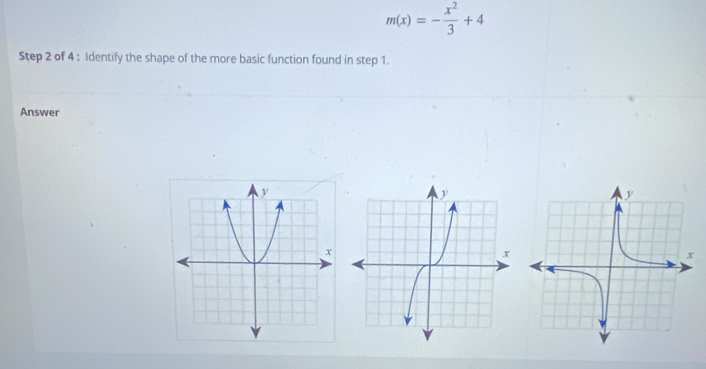 m(x)=- x^2/3 +4
Step 2 of 4 : Identify the shape of the more basic function found in step 1. 
Answer