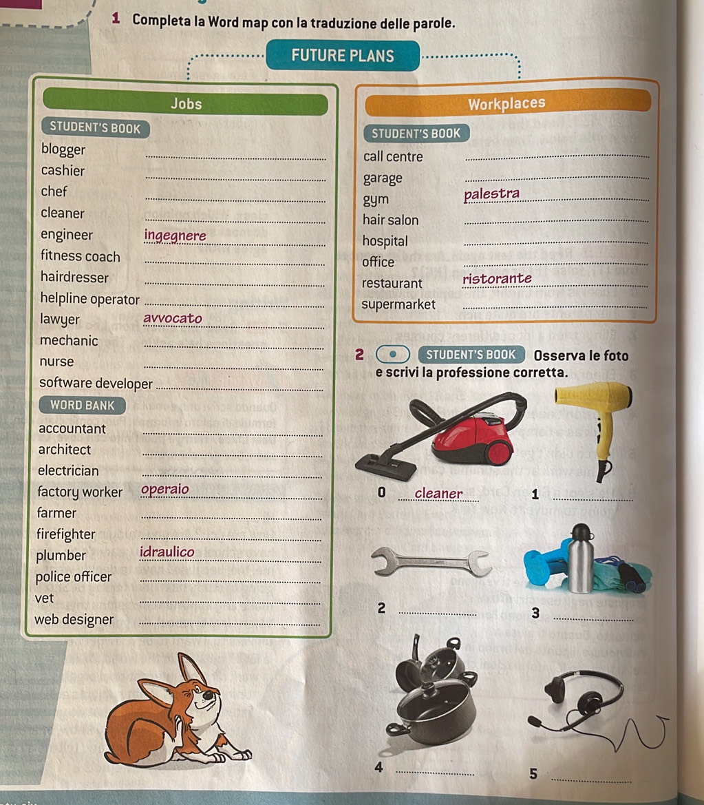 Completa la Word map con la traduzione delle parole. 
FUTURE PLANS 
Jobs Workplaces 
STUDENT'S BOOK STUDENT’S BOOK 
blogger _call centre_ 
cashier _garage_ 
chef _gym palestra_ 
cleaner _hair salon_ 
engineer ingegnere_ hospital_ 
fitness coach _office_ 
hairdresser _ristorante 
restaurant_ 
helpline operator _supermarket_ 
lawyer avvocato_ 
mechanic_ 
nurse 
_ 
2 . STUDENT'S BOOK Osserva le foto 
e scrivi la professione corretta. 
software developer_ 
WORD BANK 
accountant_ 
architect_ 
electrician_ 
factory worker operaio_ 1_ 
farmer 
_ 
firefighter_ 
plumber idraulico_ 
police officer_ 
vet 
_ 
_2 
web designer_ 
_3 
_5