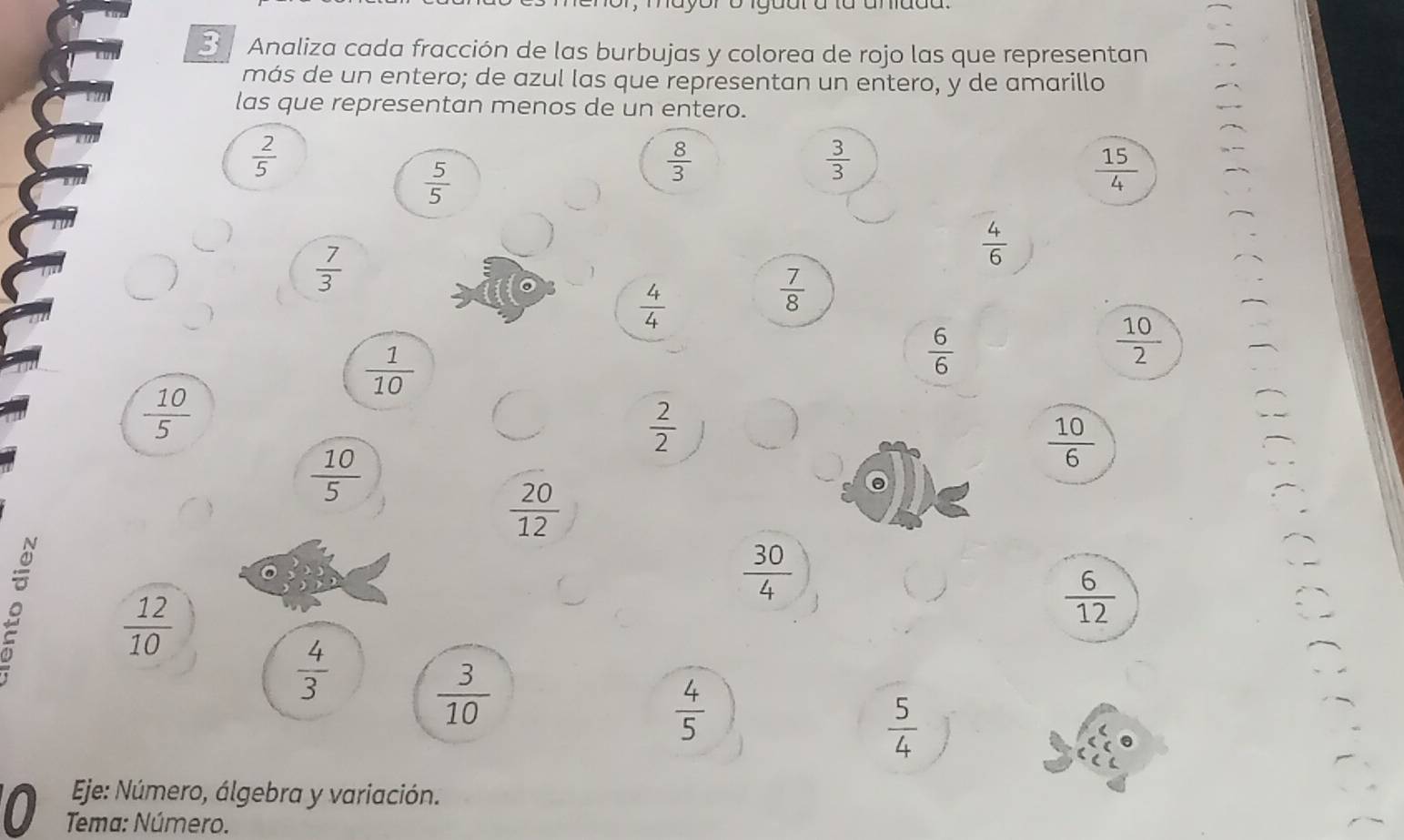 Analiza cada fracción de las burbujas y colorea de rojo las que representan 
más de un entero; de azul las que representan un entero, y de amarillo 
las que representan menos de un entero.
 2/5 
 5/5 
 8/3 
 3/3 
 15/4 
 7/3 
 4/6 
 4/4 
 7/8 
 1/10 
 6/6 
 10/2 
 10/5 
 2/2 
 10/6 
 10/5 
 20/12 
 30/4 
。  12/10 
 6/12 
 4/3 
 3/10 
 4/5 
 5/4 
Eje: Número, álgebra y variación. 
0 Tema: Número.