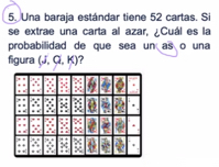 Una baraja estándar tiene 52 cartas. Si 
se extrae una carta al azar, ¿Cuál es la 
probabilidad de que sea un as o una 
figura (j,q,k) ?