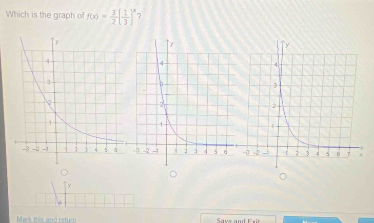 Which is the graph of f(x)= 3/2 ( 1/3 )^x
` y
4
Mark this and return