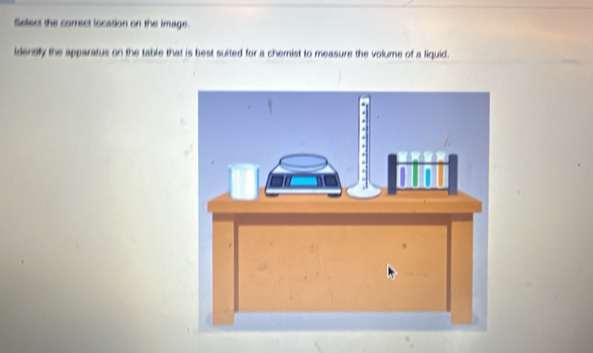 Select the correct location on the image. 
idenaly the apparatus on the table that is best suited for a chemist to measure the volume of a liquid.