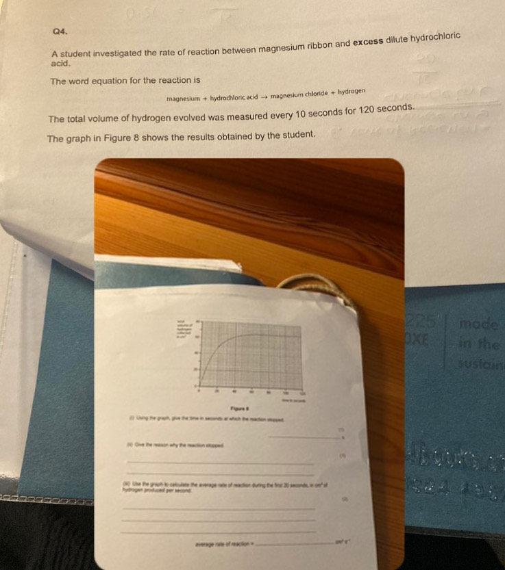 A student investigated the rate of reaction between magnesium ribbon and excess dilute hydrochloric 
acid. 
The word equation for the reaction is 
magnesium + hydrochloric acid → magnesium chloride + hydrogen 
The total volume of hydrogen evolved was measured every 10 seconds for 120 seconds. 
The graph in Figure 8 shows the results obtained by the student.
225 mode 
OXE in the 
sustain 
Figure B 
() Using the graph, give the time in seconds at which the maction stopped. 
_ 
(”) 
. 
() Give the reaaon why the reaction stopped. 
_ 
(1 
_ 
hydrogen proiduced per recond. (4). Use the graph to celculate the average rate of raction during the first 20 seconds, in o st 

_ 
_ 
_ 
average rate of reaction = _“º '