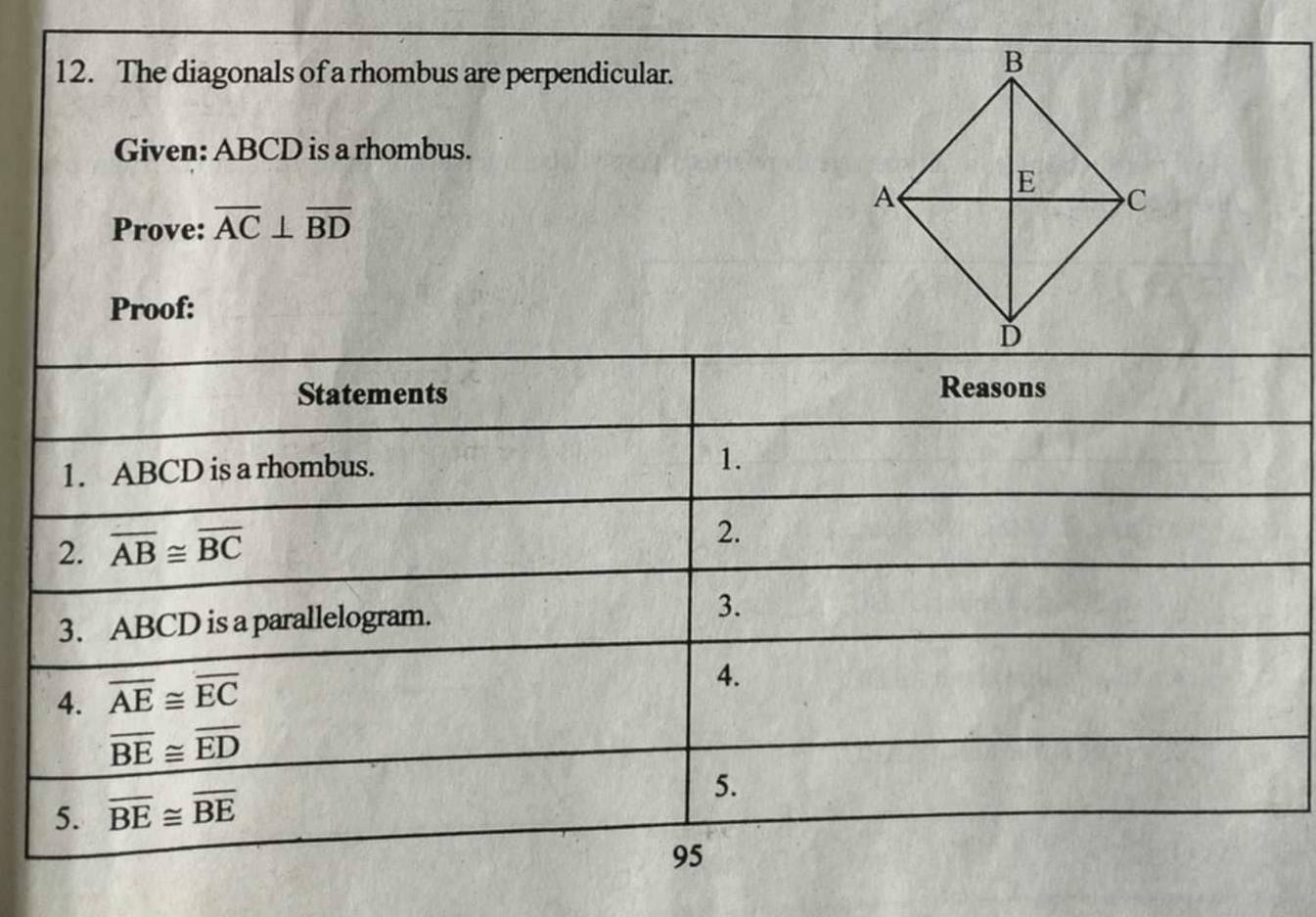 The diagonals of a rhombus are perpendicular.
Given: ABCD is a rhombus.
Prove: overline AC⊥ overline BD
Proof: