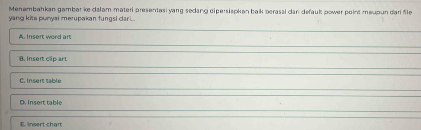 Menambahkan gambar ke dalam materi presentasi yang sedang dipersiapkan baik berasal dari default power point maupun dari file
yang kita punyai merupakan fungsi dari...
A. Insert word art
B. Insert clip art
C. Insert table
D. Insert table
E. Insert chart