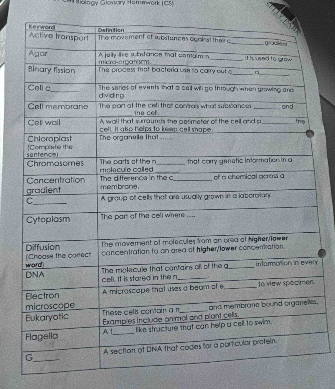 Cell Biology Glossary Homework (CS) 
y 
s.