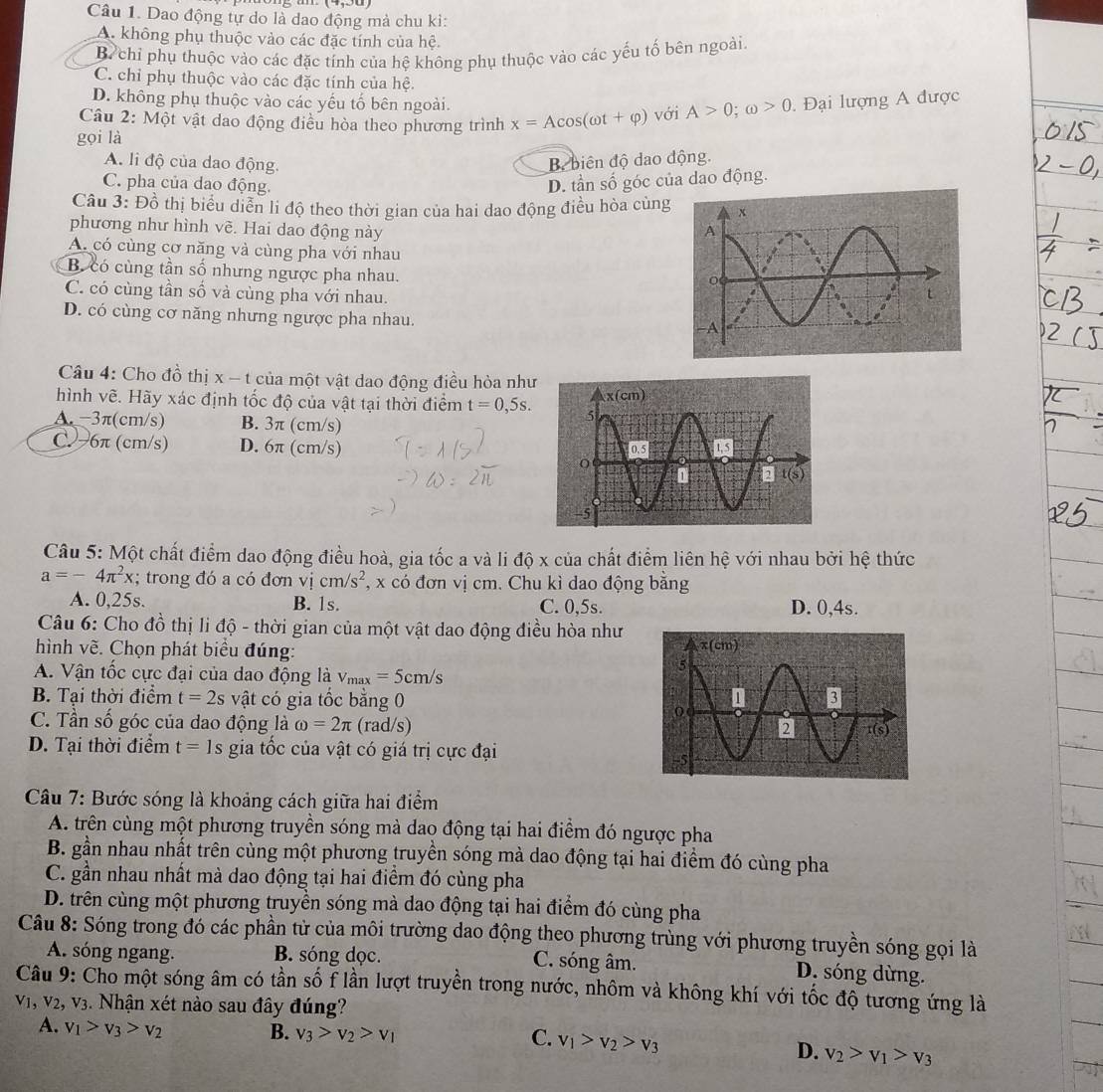 Dao động tự do là dao động mả chu kì:
A. không phụ thuộc vào các đặc tính của hệ.
Brchỉ phụ thuộc vào các đặc tính của hệ không phụ thuộc vào các yếu tố bên ngoài
C. chỉ phụ thuộc vào các đặc tính của hệ.
D. không phụ thuộc vào các yếu tố bên ngoài.
Câu 2: Một vật dao động điều hòa theo phương trình x=Acos (omega t+varphi ) với A>0;omega >0.  Đại lượng A được
gọi là
A. li độ của dao động. B. biên độ dao động.
C. pha của dao động. D. tần số góc của dao động.
Câu 3: Đồ thị biểu diễn li độ theo thời gian của hai dao động điều hòa cùng
phương như hình vẽ. Hai dao động này
A. có cùng cơ năng và cùng pha với nhau
B. có cùng tần số nhưng ngược pha nhau.
C. có cùng tần số và cùng pha với nhau.
D. có cùng cơ năng nhưng ngược pha nhau.
Câu 4: Cho đồ thị X-t 1 của một vật dao động điều hòa như
hình vẽ. Hãy xác định tốc độ của vật tại thời điểm t=0,5s.
A. -3π(cm/s) B. 3π (cm/s)
C. 76π (cm/s) D. 6π (cm/s)
Câu 5: Một chất điểm dao động điều hoà, gia tốc a và li độ x của chất điểm liên hệ với nhau bởi hệ thức
a=-4π^2x; trong đó a có đơn vicm/s^2 *, x có đơn vị cm. Chu kì dao động bằng
A. 0,25s. B. 1s. C. 0,5s. D. 0,4s.
Câu 6: Cho đồ thị li độ - thời gian của một vật dao động điều hòa như
hình về. Chọn phát biểu đúng:
A. Vận tốc cực đại của dao động là v_max=5cm/s
B. Tại thời điểm t=2s vật có gia tốc bằng 0
C. Tần số góc của dao động là omega =2π (rad/s)
D. Tại thời điểm t=1s gia tốc của vật có giá trị cực đại
Câu 7: Bước sóng là khoảng cách giữa hai điểm
A. trên cùng một phương truyền sóng mà dao động tại hai điểm đó ngược pha
B. gần nhau nhất trên cùng một phương truyền sóng mà dao động tại hai điểm đó cùng pha
C. gần nhau nhất mà dao động tại hai điểm đó cùng pha
D. trên cùng một phương truyền sóng mà dao động tại hai điểm đó cùng pha
Câu 8: Sóng trong đó các phần từ của môi trường dao động theo phương trùng với phương truyền sóng gọi là
A. sóng ngang. B. sóng dọc. C. sóng âm. D. sóng dừng.
Câu 9: Cho một sóng âm có tần số f lần lượt truyền trong nước, nhôm và không khí với tốc độ tương ứng là
V1, V2, v_3 3. Nhận xét nào sau đây đúng?
A. v_1>v_3>v_2
B. v_3>v_2>v_1 C. v_1>v_2>v_3
D. v_2>v_1>v_3