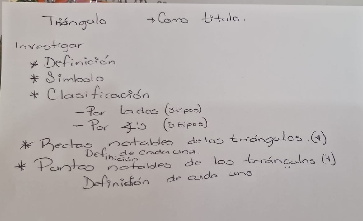 THangalo Camo titulo. 
Investigar 
*Definicion 
* S imbolo 
* Clasificacion 
- Por lados (stipoo) 
- Por y's (stip0o) 
* Bectas notables delos triangulos. (1) 
Definicis cada una 
*Puntoo notables de loo triangalos (1 
Defoniden de cada und