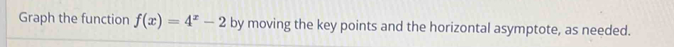 Graph the function f(x)=4^x-2 by moving the key points and the horizontal asymptote, as needed.