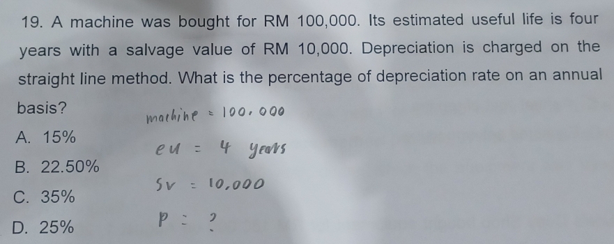 A machine was bought for RM 100,000. Its estimated useful life is four
years with a salvage value of RM 10,000. Depreciation is charged on the
straight line method. What is the percentage of depreciation rate on an annual
basis?
A. 15%
B. 22.50%
C. 35%
D. 25%