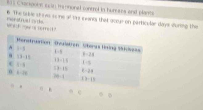 B11 Checkpoint quiz: Hormonal control in humans and plants
6 The table shows some of the events that occur on particular days during the menstrual cycle.
Which row is correct?
0 B o c 0 D