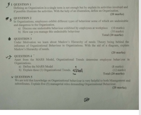 Defining an Organization in a single term is not enough but by explain its activities involved and 
if possible illustrate the activities. With the help of an illustration, define an Organization. 
(20 marks) 
QUESTION 2 
In Organizations, employees exhibit different types of behaviour some of which are undesirable 
and dangerous to the Organization. 
a) Discuss one undesirable behaviour exhibited by employees at workplace (10 marks) 
b) How can you manage this undesirable behaviour (10 marks) 
Total (20 marks) 
QUESTION 3 
Under Motivation we learn about Maslow's Hierarchy of needs Theory being behind the 
influence of Organizational Behaviour in Organizations. With the aid of a diagram, explain 
Maslow's Hierarchy of needs. 
QUESTION 4 ’ (20 marks) 
Apart from the MARS Model, Organizational Trends determine employee behaviour in 
Organizations. 
a) Define the MARS Model (8 marks) 
b) Explain three (3) Organizational Trends. (12 marks) 
Total (20 marks) 
QUESTION 5 
We are told that knowledge on Organizational behaviour is very helpful to both Management and 
subordinates. Explain five (5) managerial roles demanding Organizational Behaviour. 
(20 marks)