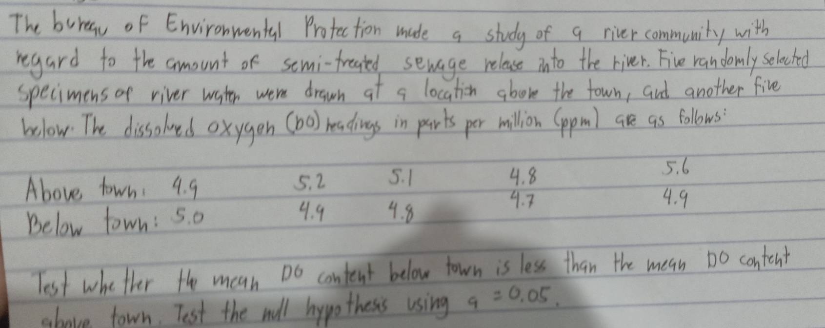 The bureau of Environwental Protection made a study of a river community with 
regard to the amount or semi-freated semage relase into the river. Five ran domly selecked 
specimens of river water were drown af a location above the town, and another five 
below. The dissolved oxygen (b0) readings in parts per million (ppml are as follows 
Above town 4. 9
5. 2 5. 1 4. 8
5. 6
Below town: s. o
4. 9 4. 8
9. 7 4. 9
Test whother the mean Do content below town is less than the mean Do content 
above town. Test the will hypothess using 9=0.05