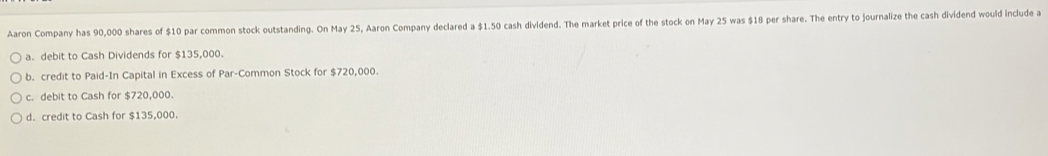 Aaron Company has 90,000 shares of $10 par common stock outstanding. On May 25, Aaron Company declared a $1.50 cash dividend. The market price of the stock on May 25 was $18 per share. The entry to journalize the cash dividend would include a
a. debit to Cash Dividends for $135,000.
b. credit to Paid-In Capital in Excess of Par-Common Stock for $720,000.
c. debit to Cash for $720,000.
d. credit to Cash for $135,000.