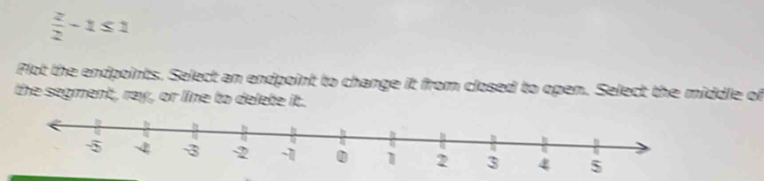  z/2 -1≤ 1
Plot the endpoints. Select an endpoint to change it from closed to open. Select the middle of 
the segment, ray, or line to delete it.