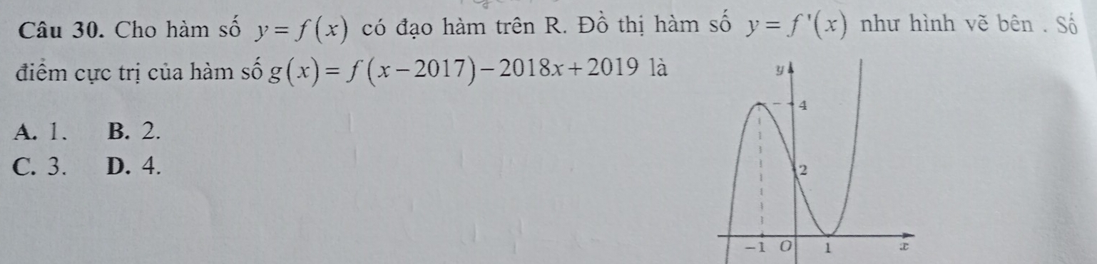 Cho hàm số y=f(x) có đạo hàm trên R. Đồ thị hàm số y=f'(x) như hình vẽ bên . Số
điểm cực trị của hàm số g(x)=f(x-2017)-2018x+2019 là
A. 1. B. 2.
C. 3. D. 4.