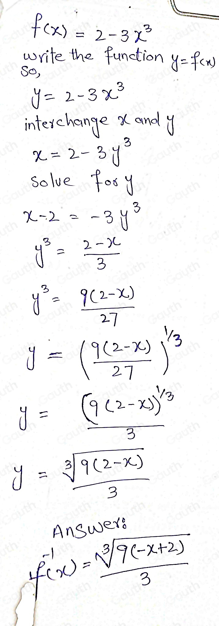 Solved: Find the inverse function of f. Check your answer by using the ...