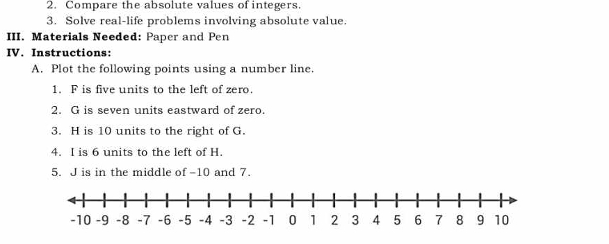 Compare the absolute values of integers. 
3. Solve real-life problems involving absolute value. 
III. Materials Needed: Paper and Pen 
IV. Instructions: 
A. Plot the following points using a number line. 
1. F is five units to the left of zero. 
2. G is seven units eastward of zero. 
3. H is 10 units to the right of G. 
4. I is 6 units to the left of H. 
5. J is in the middle of -10 and 7.