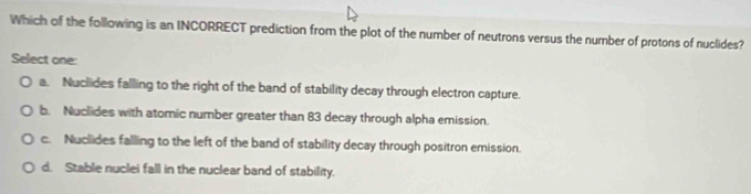 Which of the following is an INCORRECT prediction from the plot of the number of neutrons versus the number of protons of nuclides?
Select one:
a. Nuclides falling to the right of the band of stability decay through electron capture.
b. Nuclides with atomic number greater than 83 decay through alpha emission.
c. Nuclides falling to the left of the band of stability decay through positron emission.
d. Stable nuclei fall in the nuclear band of stability.