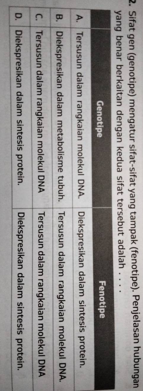 Sifat gen (genotipe) mengatur sifat-sifat yang tampak (fenotipe). Penjelasan hubungan 
yang benar berkaitan dengan kedua sifat tersebut adalah . . . .