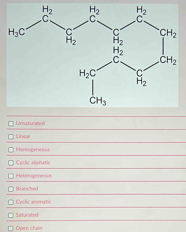 Unsaturated
Linear
Homogeneous
Cyclic aliphatic
Heterogeneous
Branched
Cyclic aromatic
Saturated
Open chain