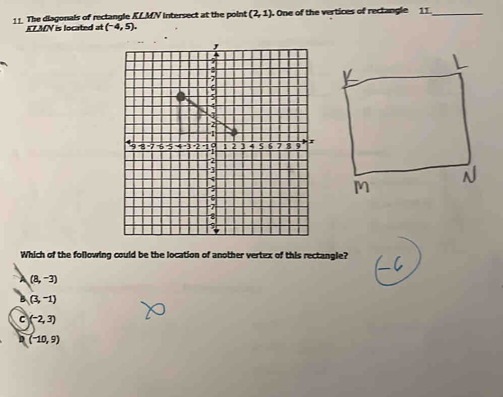 The diagonals of rectangle KLMN intersect at the point (2,1). One of the vertices of rectangle 11 _
KLMN is located at (-4,5). 
Which of the following could be the location of another vertex of this rectangle?
A (8,-3)
B (3,-1)
C (-2,3)
D (-10,9)