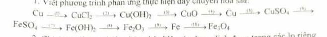 Việt phương trình phân ứng thực hiện đây chuyên hoa sau:
Cuto CuCl_2to Cu(OH)_2xrightarrow ()CuOxrightarrow (4)Cuto Cuxrightarrow (5)CuSO_4xrightarrow (6)
FeSO_4xrightarrow ()Fe(OH)_2xrightarrow (8)Fe_2O_3xrightarrow (10)Fe_3O_4
ang các la riêng