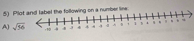 Plofollowing on a number line: 
A) sqrt(56)