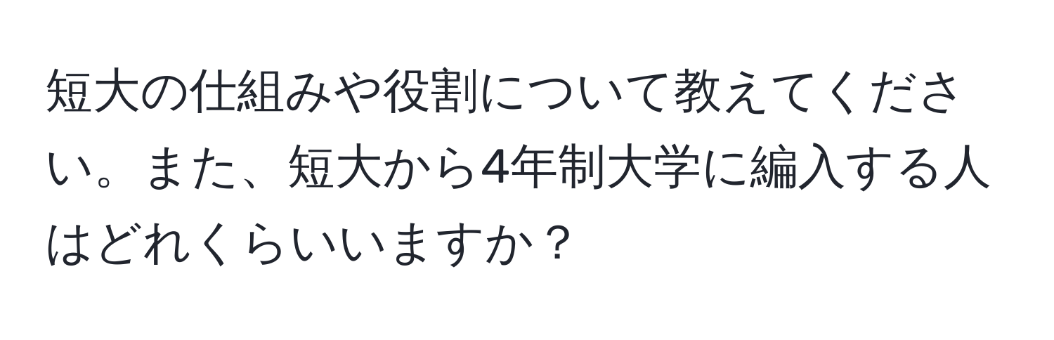 短大の仕組みや役割について教えてください。また、短大から4年制大学に編入する人はどれくらいいますか？