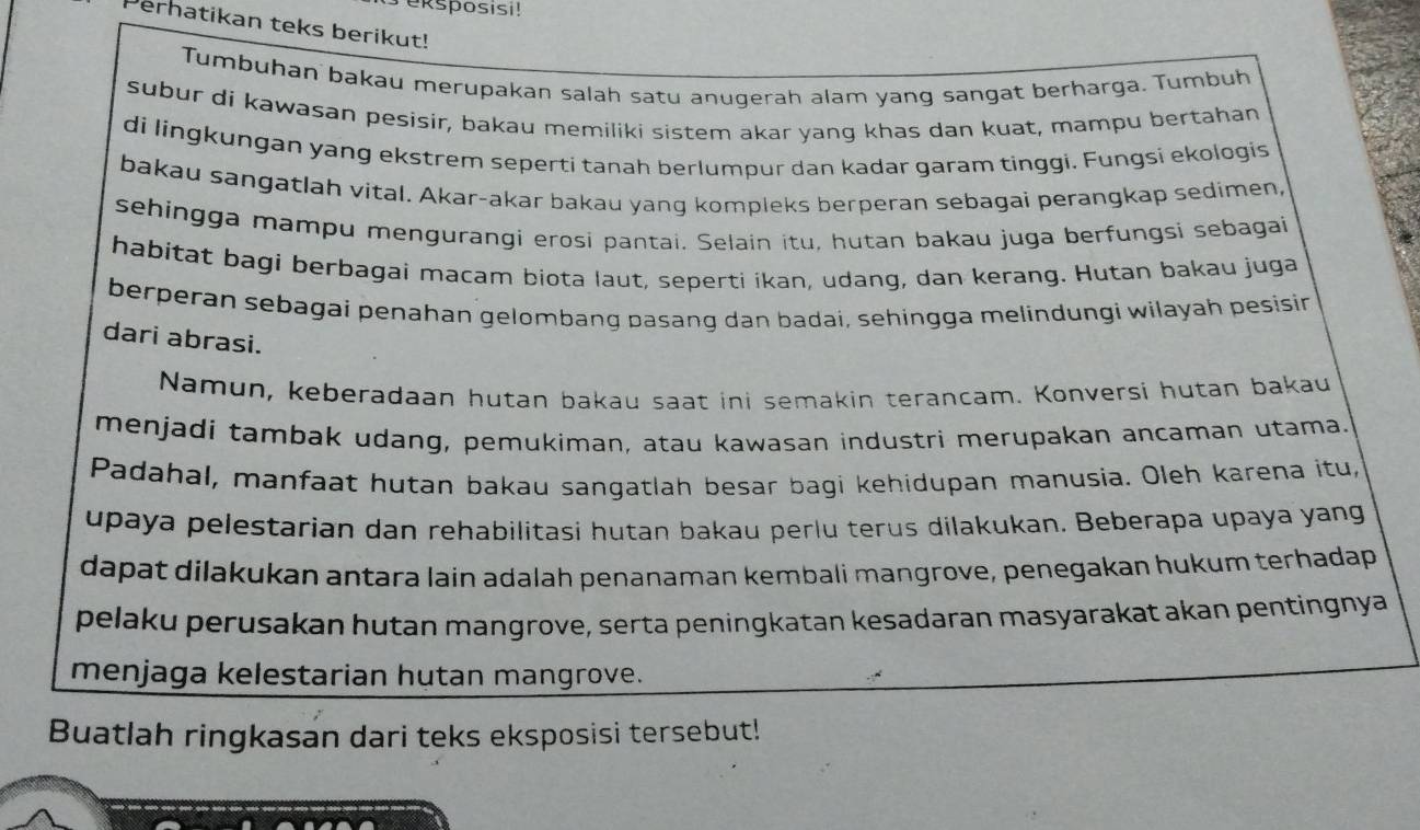 eksposisi! 
Perhatikan teks berikut! 
Tumbuhan bakau merupakan salah satu anugerah alam yang sangat berharga. Tumbuh 
subur di kawasan pesisir, bakau memiliki sistem akar yang khas dan kuat, mampu bertahan 
di lingkungan yang ekstrem seperti tanah berlumpur dan kadar garam tinggi. Fungsi ekologis 
bakau sangatlah vital. Akar-akar bakau yang kompleks berperan sebagai perangkap sedimen, 
sehingga mampu mengurangi erosi pantai. Selain itu, hutan bakau juga berfungsi sebagai 
habitat bagi berbagai macam biota laut, seperti ikan, udang, dan kerang. Hutan bakau juga 
berperan sebagai penahan gelombang pasang dan badai, sehingga melindungi wilayah pesisin 
dari abrasi. 
Namun, keberadaan hutan bakau saat ini semakin terancam. Konversi hutan bakau 
menjadi tambak udang, pemukiman, atau kawasan industri merupakan ancaman utama. 
Padahal, manfaat hutan bakau sangatlah besar bagi kehidupan manusia. Oleh karena itu, 
upaya pelestarian dan rehabilitasi hutan bakau perlu terus dilakukan. Beberapa upaya yang 
dapat dilakukan antara lain adalah penanaman kembali mangrove, penegakan hukum terhadap 
pelaku perusakan hutan mangrove, serta peningkatan kesadaran masyarakat akan pentingnya 
menjaga kelestarian hutan mangrove. 
Buatlah ringkasan dari teks eksposisi tersebut!