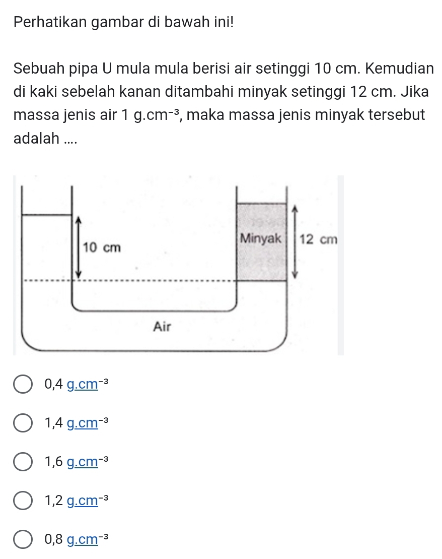 Perhatikan gambar di bawah ini!
Sebuah pipa U mula mula berisi air setinggi 10 cm. Kemudian
di kaki sebelah kanan ditambahi minyak setinggi 12 cm. Jika
massa jenis air 1g.cm^(-3) , maka massa jenis minyak tersebut
adalah ....
0,4g_ .cm^(-3)
1,4g_ .cm^(-3)
1,6g_ .cm^(-3)
1,2g_ .cm^(-3)
0,8g_ (.cm)^(-3)