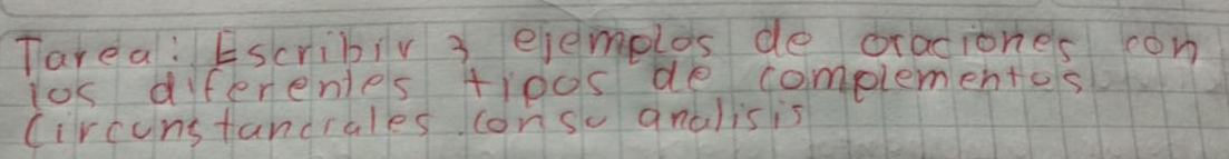 Tarea: Escribiv 3 ejemplos de braciones con 
Yos diferenes tip0s de complementos 
circunstandrales conso analis is