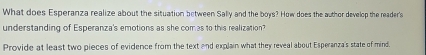 What does Esperanza realize about the situation between Sally and the boys? How does the author develop the reader's 
understanding of Esperanza's emotions as she com as to this realization? 
Provide at least two pieces of evidence from the text and explain what they reveal about Esperanza's state of mind.