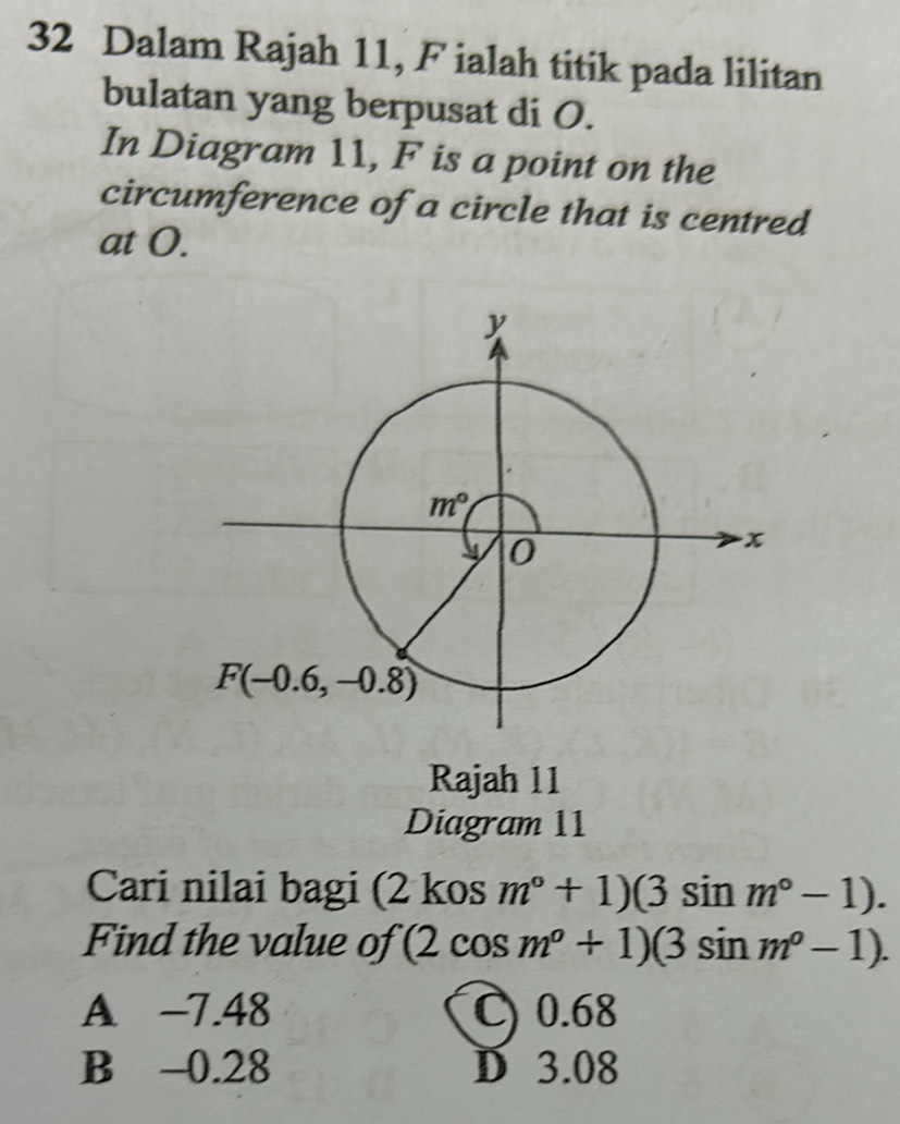 Dalam Rajah 11, F ialah titik pada lilitan
bulatan yang berpusat di O.
In Diagram 11, F is a point on the
circumference of a circle that is centred
at O.
Rajah 11
Diagram 11
Cari nilai bagi (2 kos m°+1)(3sin m°-1).
Find the value of (2cos m^o+1)(3sin m^o-1).
A -7.48 C) 0.68
B -0.28 D 3.08