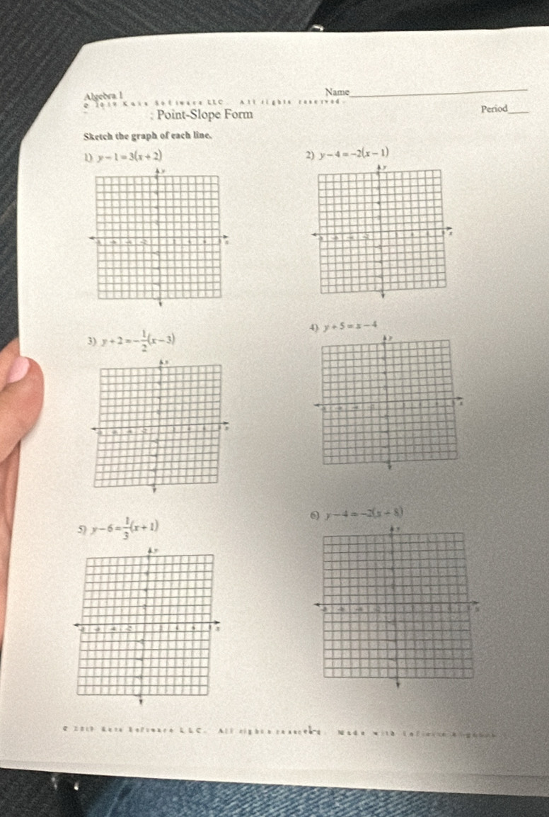 Name 
_ 
Algebra 1 é i a c a L L C A l l t i a b l 
Point-Slope Form Period_ 
Sketch the graph of each line. 
1 y-1=3(x+2)
2) y-4=-2(x-1)
4) y+5=x-4
3) y+2=- 1/2 (x-3)
0 y-4=-2(x+8)
5) y-6= 1/3 (x+1)
L L C . A l l cig bù n c n e k-t