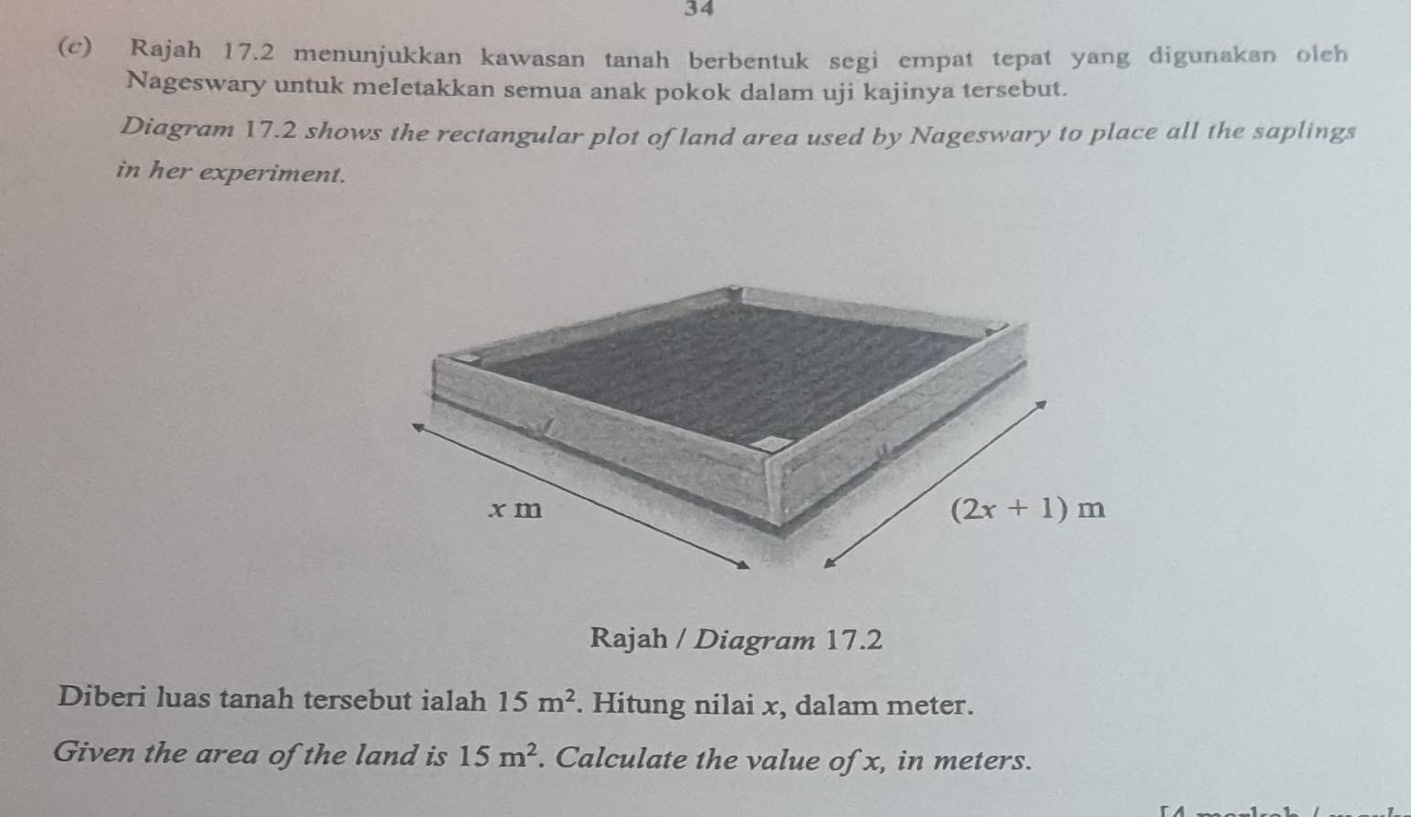 34
(c) Rajah 17.2 menunjukkan kawasan tanah berbentuk segi empat tepat yang digunakan olch
Nageswary untuk meletakkan semua anak pokok dalam uji kajinya tersebut.
Diagram 17.2 shows the rectangular plot of land area used by Nageswary to place all the saplings
in her experiment.
Rajah / Diagram 17.2
Diberi luas tanah tersebut ialah 15m^2. Hitung nilai x, dalam meter.
Given the area of the land is 15m^2. Calculate the value of x, in meters.