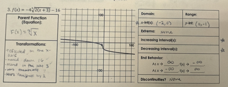 f(x)=-4sqrt[3](2(x+3))-16
Domain: Range:
Parent Function
(Equation): x-ln t(s) : y-int:
Extrema:
Increasing Interval(s):
Transformations:
Decreasing Interval(s):
End Behavior:
Asxto _ f(x)to _
_ f(x)to _
Asxto
Discontinuities? No
