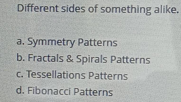 Different sides of something alike.
a. Symmetry Patterns
b. Fractals & Spirals Patterns
c. Tessellations Patterns
d. Fibonacci Patterns