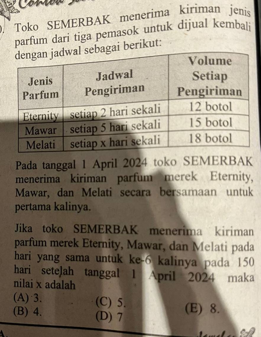 Toko SEMERBAK menerima kiriman jenis
parfum dari tiga pemasok untuk dijual kembali
agai berikut:
Pada tanggal 1 April 2024 toko SEMERBAK
menerima kiriman parfum merek Eternity,
Mawar, dan Melati secara bersamaan untuk
pertama kalinya.
Jika toko SEMERBAK menerima kiriman
parfum merek Eternity, Mawar, dan Melati pada
hari yang sama untuk ke- 6 kalinya pada 150
hari setelah tanggal 1 April 2024 maka
nilai x adalah
(A) 3. (C) 5.
(B) 4. (D) 7
(E) 8.